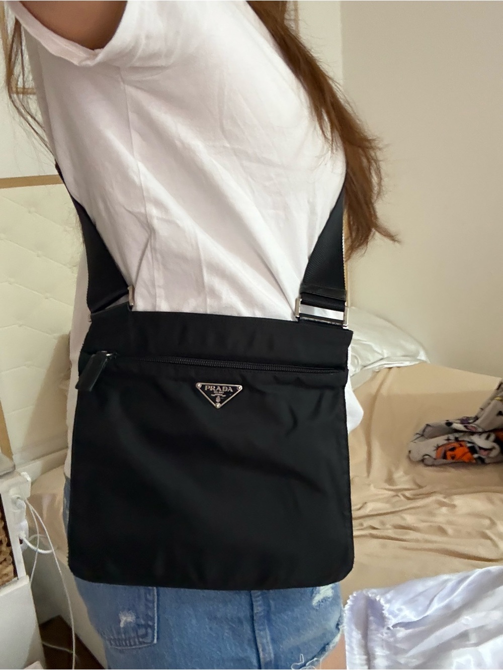 Prada Black Nylon Messenger Bag with Silver Logo Plaque